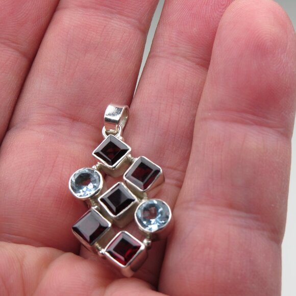 $300 Sterling Silver Aquamarine 2ct. & Garnet 4ct. Pendent - Picture 3 of 5